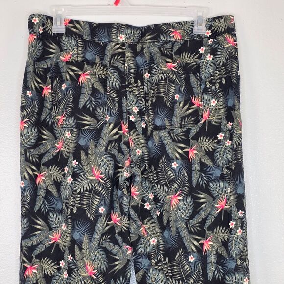 Intro Black & Green Tropical Floral Linen Cropped Flat Pocket Pants Size 14 - Picture 7 of 11